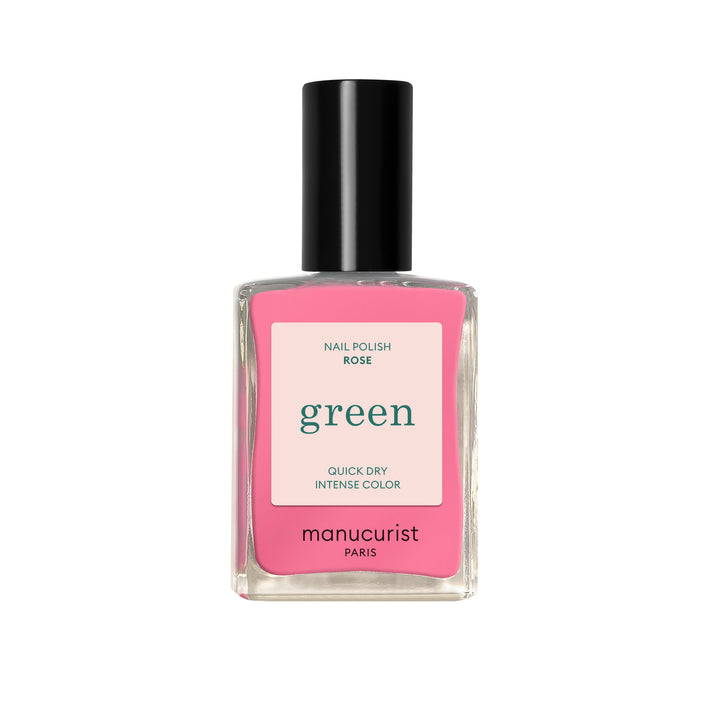 Manucurist Paris Green Nagellack in Rose - ein leuchtender Pink-Ton in einer Glasflasche mit schwarzem Verschluss, mit schnell trocknender und intensiver Farbformel