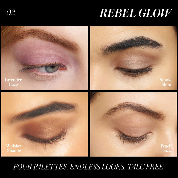 Rebel Glow Model Quad: RMS Beauty ReDimension Hydra Eyes Quartet Rebel Glow - Close-up der 4 Lidschatten-Shades am Auge