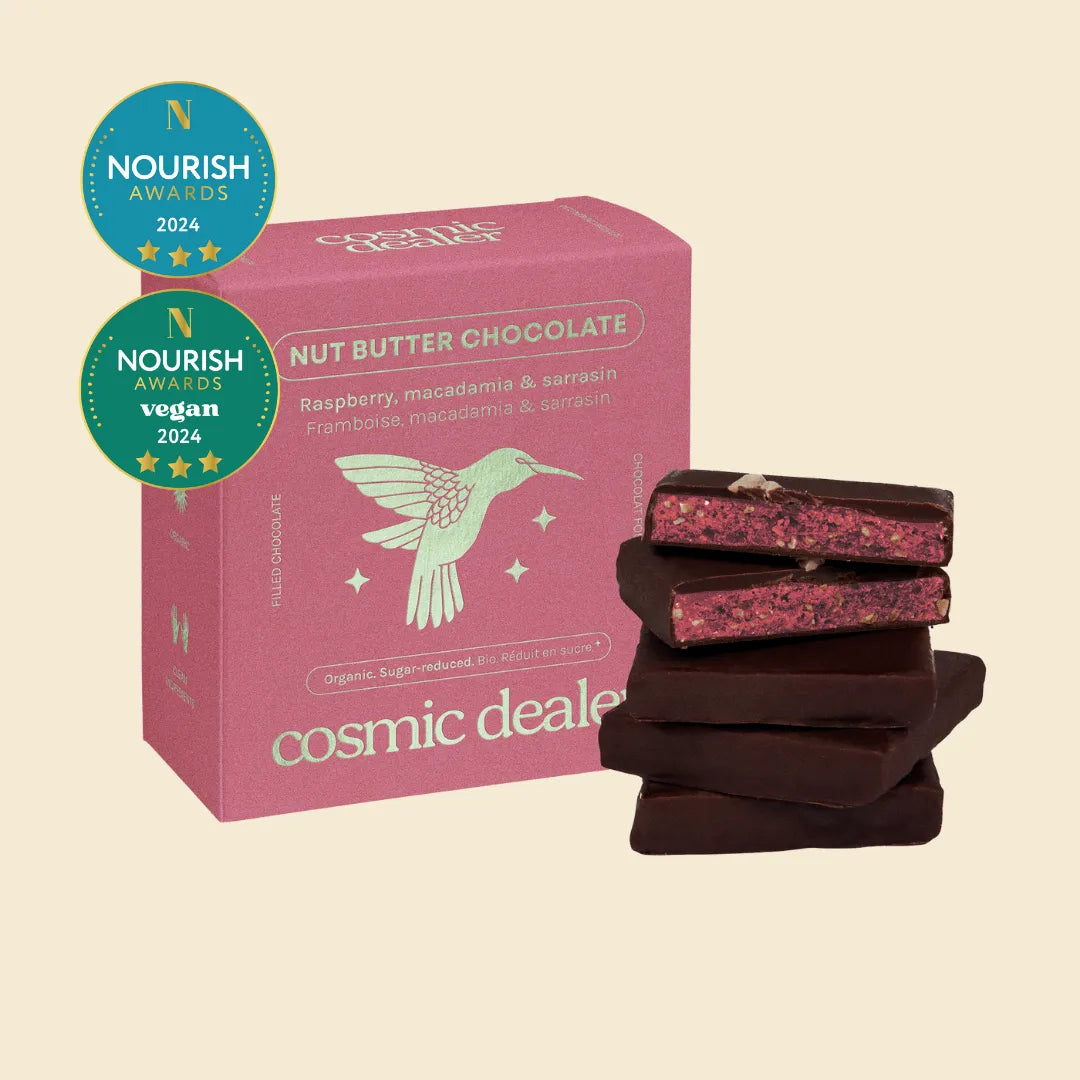 Cosmic Dealer Raspberry & Macadamia Chakra Chocolates mit Himbeerfüllung
