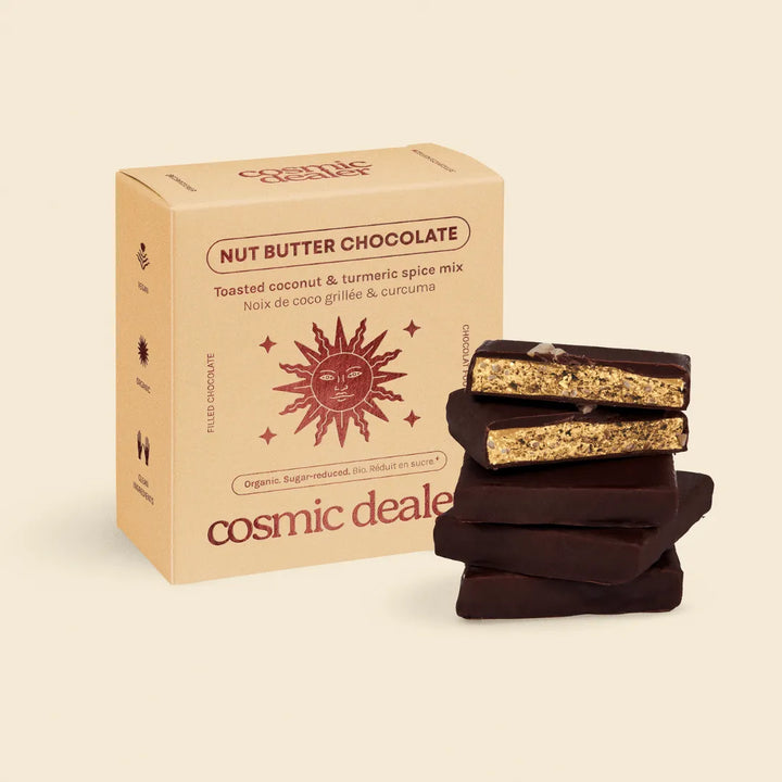 Cosmic Dealer Toasted Coconut & Turmeric Chakra Chocolates mit Kokosnuss
