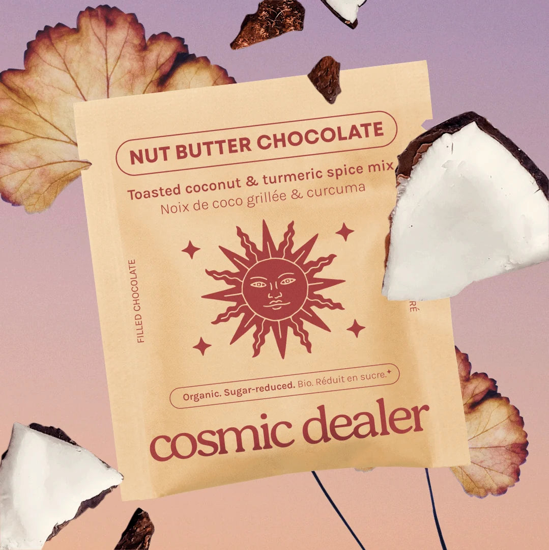 Cosmic Dealer Toasted Coconut & Turmeric Chakra Chocolates mit Kokosnuss - kunstvolles Foto