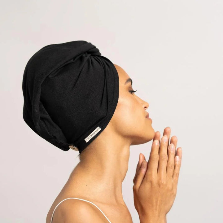 Bambus Turban Handtuch mit Knopf | Schwarz - Model 1