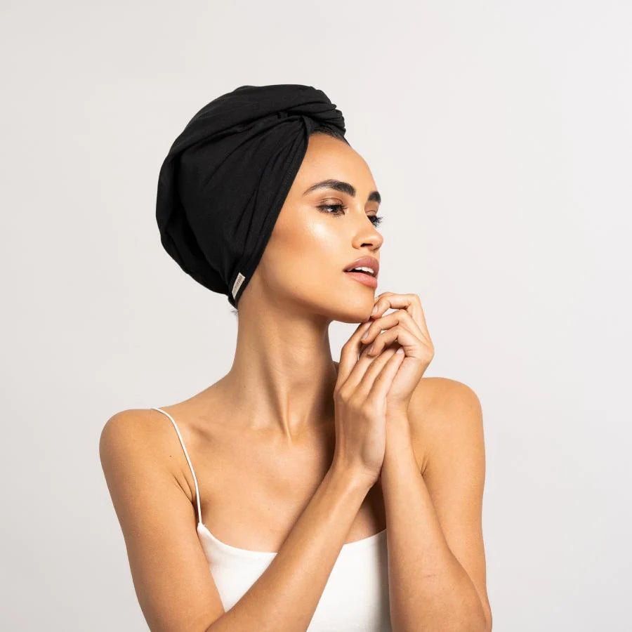 Bambus Turban Handtuch mit Knopf | Schwarz Model