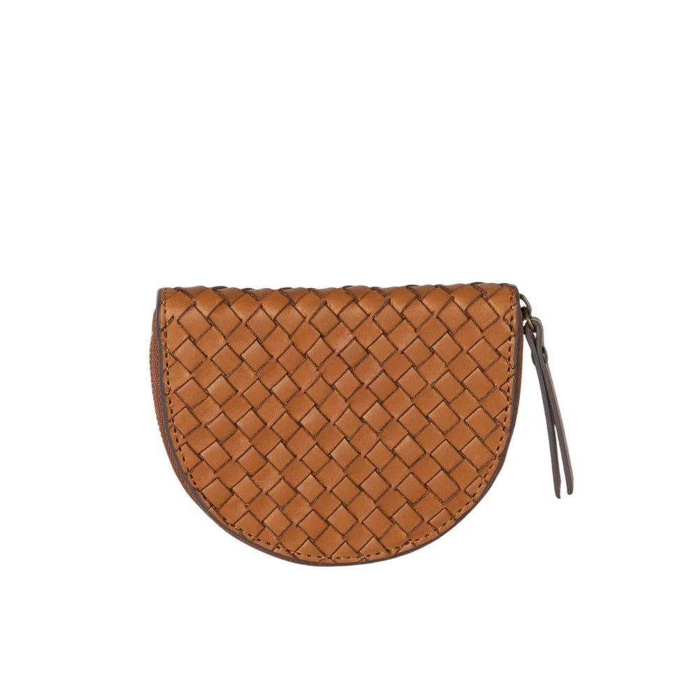 O My Bag Laura Coin Purse Cognac Woven – kleine Geldbörse aus handgeflochtenem Echtleder mit eleganter Halbmondform
