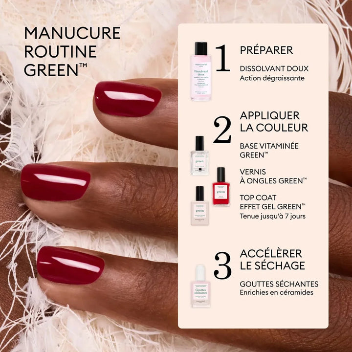 Manucurist Green Nagellack in Bordeauxrot mit Anleitung für eine glänzende Maniküre in drei Schritten