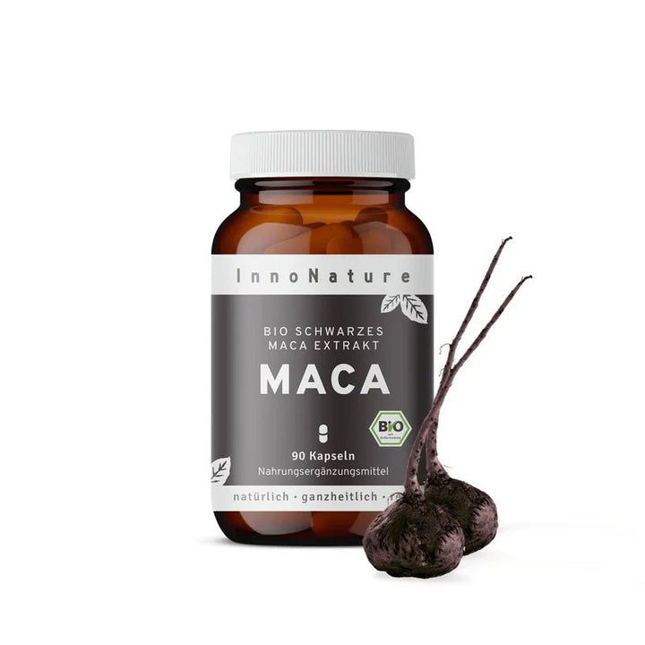 Innonature Bio schwarzes Maca-Extrakt Kapseln - Freisteller mit Maca-Wurzel